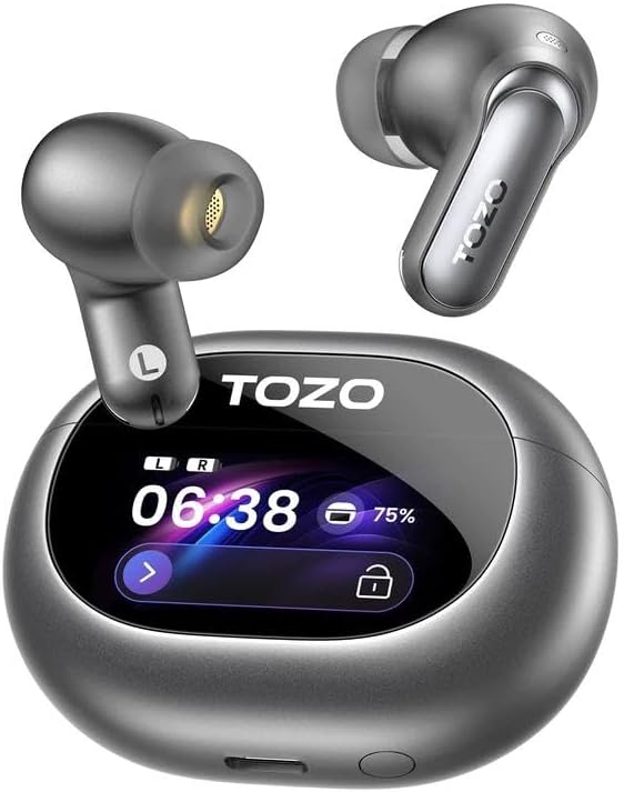 TOZO NC20 Pro Active Noise Cancelling Wireless Earbuds with Smart Touch Screen, LDAC Hi-Res Audio, Stereo Bass, 6 Mics AI Call Ear Buds, 80H Playtime, IPX8 Waterproof, 32 EQ via App, Wireless Charging