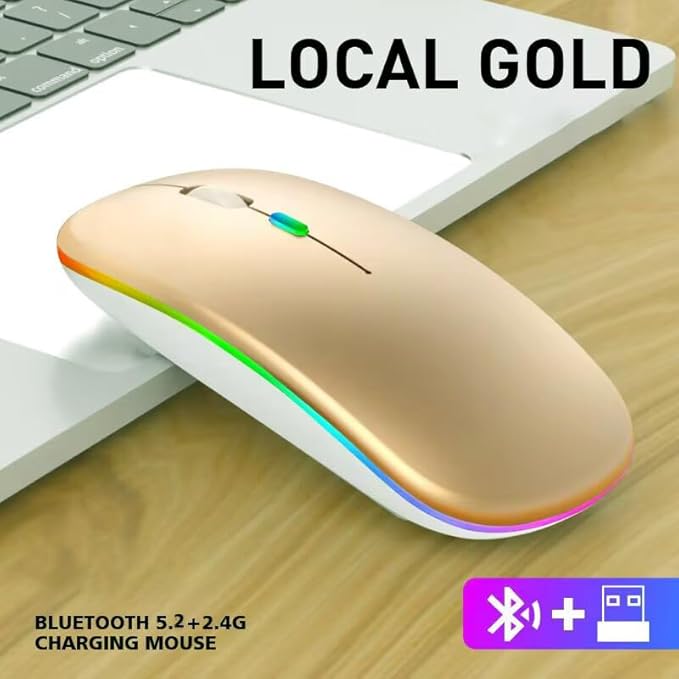 Guiheng Wireless Bluetooth Mouse,LED Dual Mode Rechargeable Silent Slim Laptop Mouse,Portable(BT5.2+USB Receiver) Dual Mode Computer Mice,for Laptop,Desktop Computer,ipad Tablet,Phone,TV (Gold)