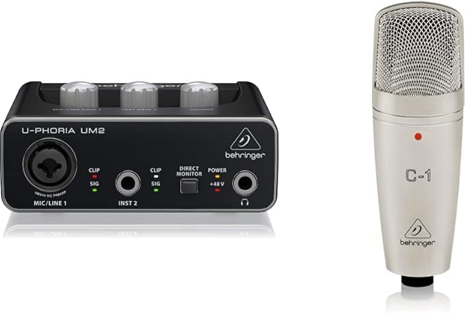 Behringer C-1 Professional Large-Diaphragm Studio Condenser Microphone Audio Interface, 1x XLR/TRS 1x 1/4" 2X RCA USB, Black, 1-Channel (UM2)