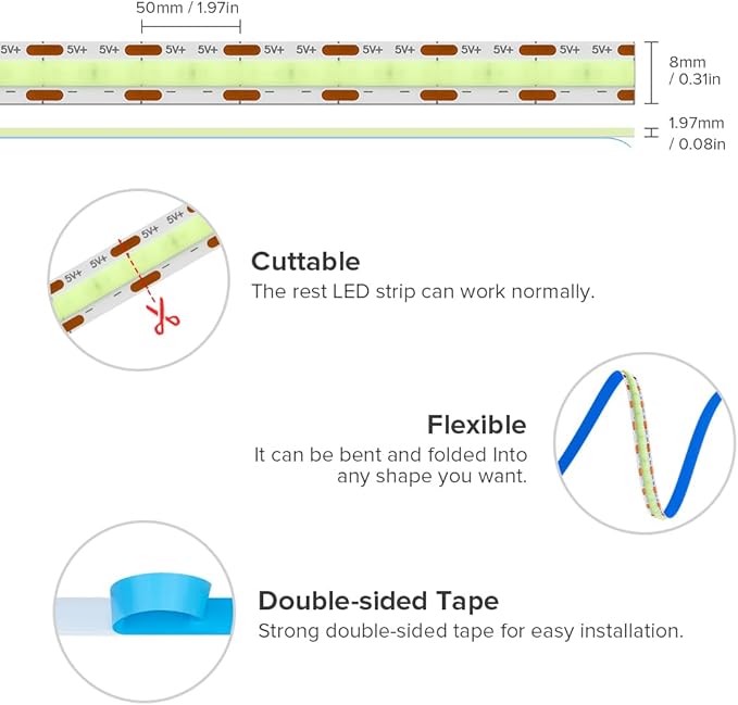 6.56FT/2M 5V USB LED Light Strip Ice Blue Flexible High Density COB Strips 640LEDs, 8mm LED Tape for Under Cabinet Bedroom No Controller and Power