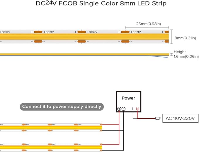 COB Ice Blue LED Strip Light DC24V Flexible High Density Uniform Bright 480LEDs/m Strips 16.4FT CRI90+ 8MM Width Dimmable COB LED Tape for Cabinet Indoor Decor(No Adapter/Controller)