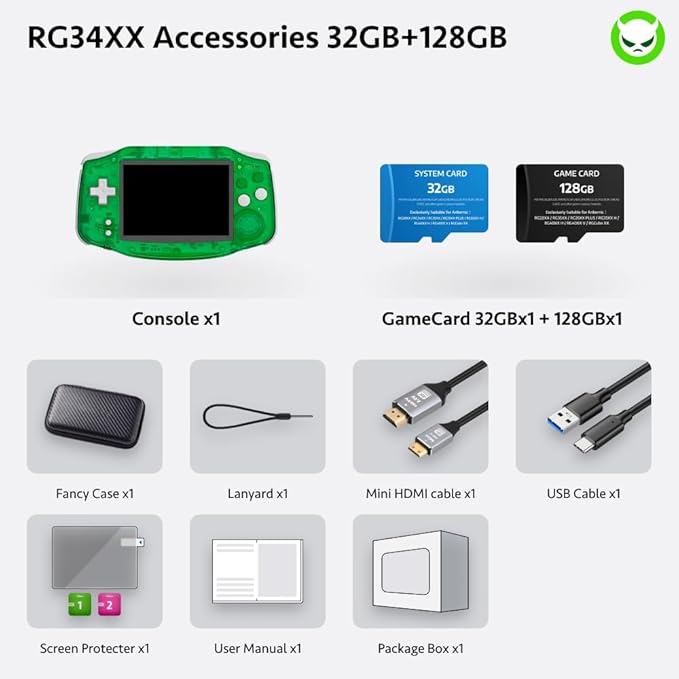 RG34XX Handheld Game Console 18K+ Preloaded Retro Games 35 Emulators 3.4” IPS Display 4K TV Output Classic Video Game Console Portable Gaming System with Fancy Case & Accessories (Green-128GB)