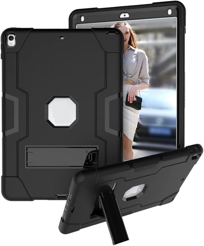 3 in 1 Hybrid Case for iPad Air 3 10.5" & iPad Pro 10.5" - Heavy Duty Rugged Stand, Shockproof, Anti-Slip & Scratch, Black/Black