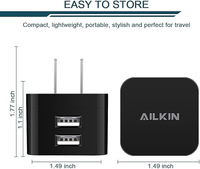 2Pack USB Wall Chargers, 2.4A Dual Port Fast Charger Block Square Flat Power AC Adapter Phone Brick Charging Station for iPhone, Samsung Galaxy, LG Stylo, Google Pixel, USB Plug House Hold Box Cube