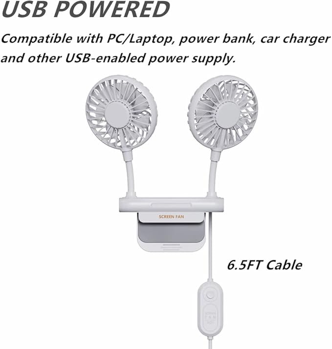 Monitor Fan with 2 Rotatable Heads, 3 Speeds, Sturdy Clamp, USB Powered Cooling Fan for Office Desk & Laptop.
