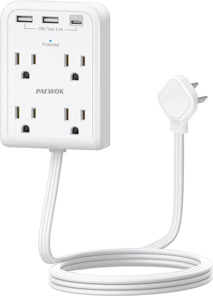 Surge Protector Power Strip, Outlet Extender Stick with USB C Ports, 4 Outlet 3 USB, 4 FT Extension Cord Flat Wall Plug, Home Office Dorm Room Essentials, White