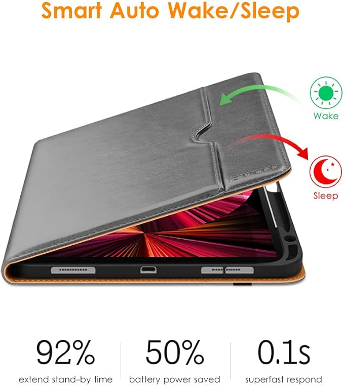 DTTO Case for iPad Pro 11 Inch 4th / 3rd / 2nd / 1st Generation 2022/2021/2020/2018,Premium PU Leather Folio Stand Cover with Hand Strap, Auto Wake/Sleep,Multiple Viewing Angles, Grey