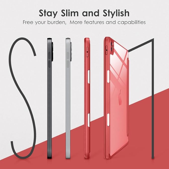 VIKESI for iPad Pro 11 Inch 4th/3rd/2nd/1st Generation Case, iPad Air 11-inch / 5th / 4th Generation Case with Clear Back,Pencil Holder,Auto Sleep/Wake,Camera Protection,Red