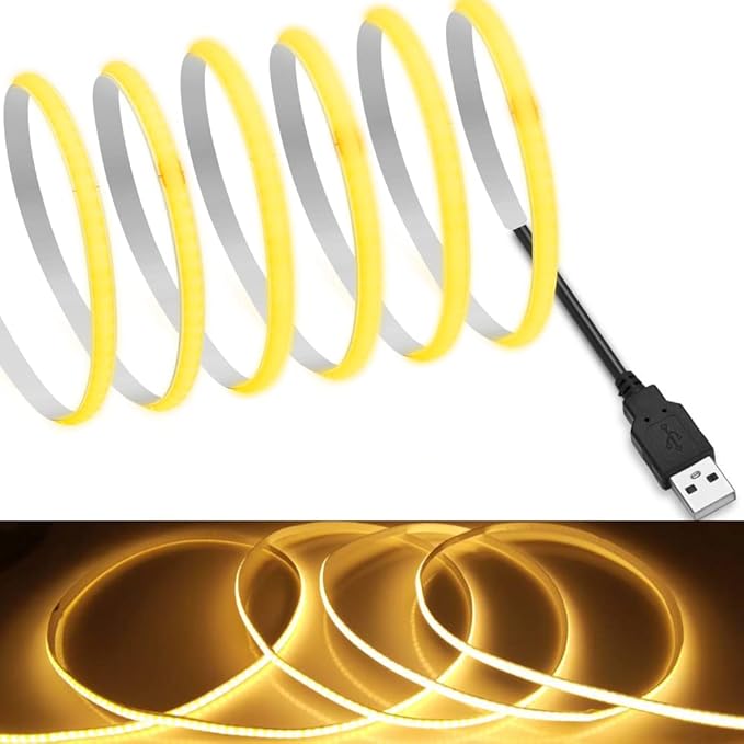 MDee】USB COB Tape Light LED Strip 1.64ft/0.5m- Flexible 5mm Hidden DC 5V LED Tape with 320 LEDs/m for Warm (2700K) Lighting. Cuttable, Shapeable, USB Powered. Ideal for Kitchen