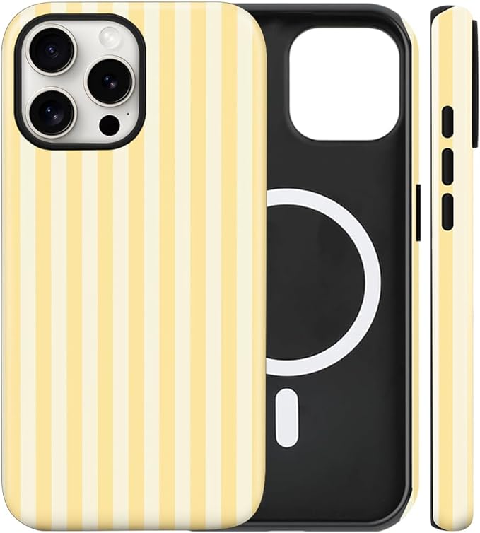 Magnetic for iPhone 13 Pro Case Cute Stripes Phone Case, Shockproof Slim TPU and Hard PC Protective Phone Cover Compatible with MagSafe Designed for Women Girls, Yellow