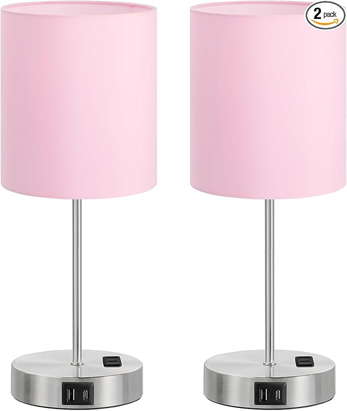 Pink Touch Lamps for Nightstand Set of 2 - Bedside Table Lamp for Bedroom with Dual USB Ports & AC Outlet, 3-Way Dimmable Lamps for Living Room Boys Room, Night Light with 5000K Daylight Bulbs