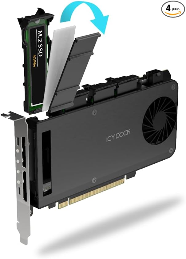 4 Bay Removable M.2 NVMe PCIe SSD to PCIe 5.0 x16 Mobile Rack Enclosure/Adapter Card for PCIe Expansion Slot (PCIe Bifurcation Required) | ICY DOCK ExpressSlot MB204MP-B