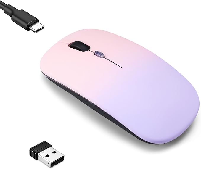 Wireless Bluetooth Mouse,LED Dual Mode Rechargeable Silent Slim Laptop Mouse,Portable(BT5.2+USB Receiver) Dual Mode Computer Mice,for Laptop,Desktop Computer,ipad Tablet,Phone,TV (Pinkish purple)