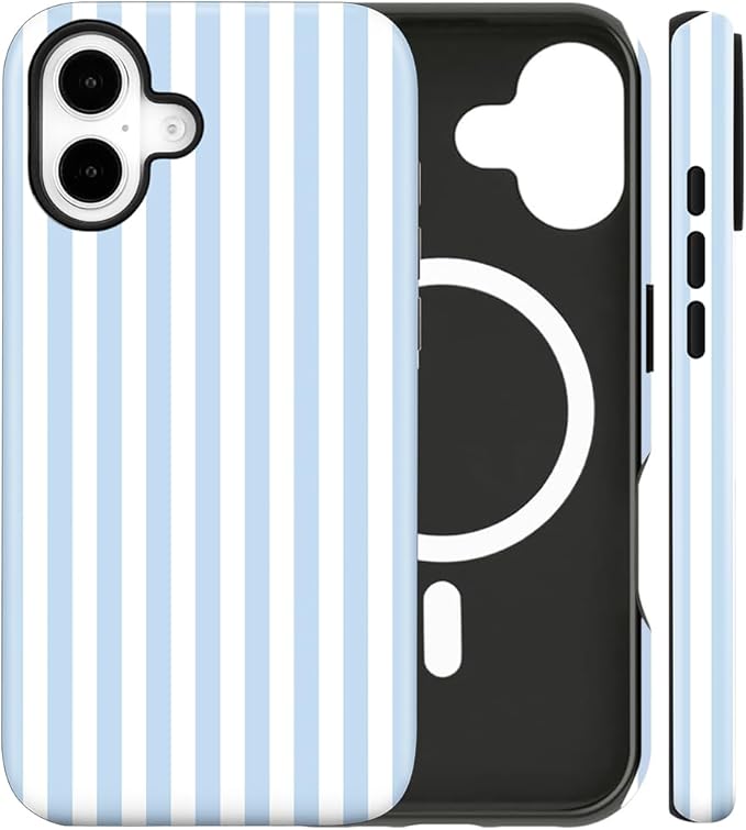 Magnetic for iPhone 17 Case Cute Stripes Phone Case, Shockproof Slim TPU and Hard PC Protective Phone Cover Compatible with MagSafe Designed for Women Girls, Blue and White