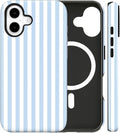 Magnetic for iPhone 16 Case Cute Stripes Phone Case, Shockproof Slim TPU and Hard PC Protective Phone Cover Compatible with MagSafe Designed for Women Girls, Blue and White