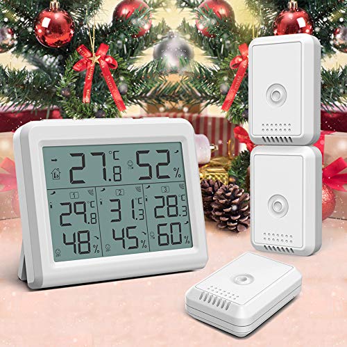 KeeKit Indoor Outdoor Thermometer, Digital Hygrometer Meter Gauge with 3 Wireless Sensors, Temperature Humidity Monitor with LCD Backlight, Min/Max Record for Home, Office, Restaurants, Bars, Café