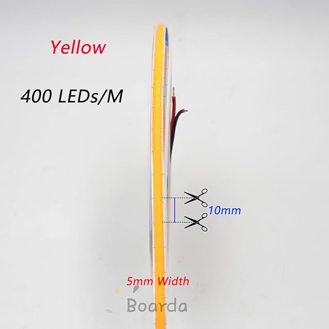 5mm COB LED Strip,12V 400LEDs/m RA>90 High CRI LED Tape Light,Multiple color options, Cuttable Flexible,16.4FT 2000LEDs IP30 COB LED Light for Indoor House Kitchen Room Decor (Yellow)
