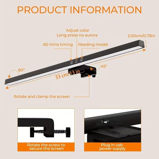 Monitor Light Bar, Computer Monitor Lamp, No Glare Eye-Care LED Screen Bar, Touch Control USB Reading Desk Lamp for Home Office Work, Dimming Adjustable Color Temperature, Fit for Curved/Flat Monitor
