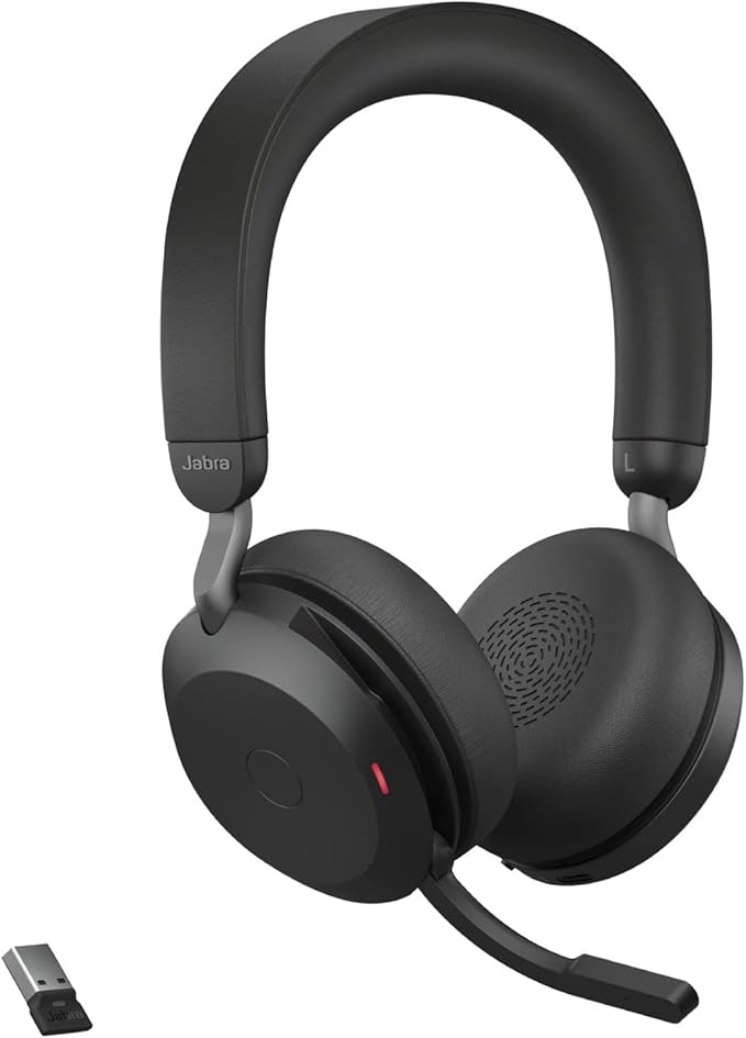 Jabra Evolve2 75 PC Wireless Headset with Charging Stand and 8-Mic Technology - Dual Foam Stereo Headphones with Advanced Active Noise Cancelling, USB-A Bluetooth Adapter and UC Compatibility - Black