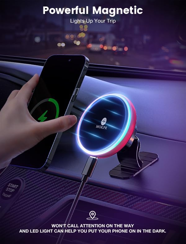 MOKPR for Magsafe Car Mount Charger-15W Wireless Car Charger-Magnetic Car Phone Holder for Dash Air Vent-LED RGB HandsFree Car Mount Fast Car Charger for iPhone 16 15/14/13/12 Series RED