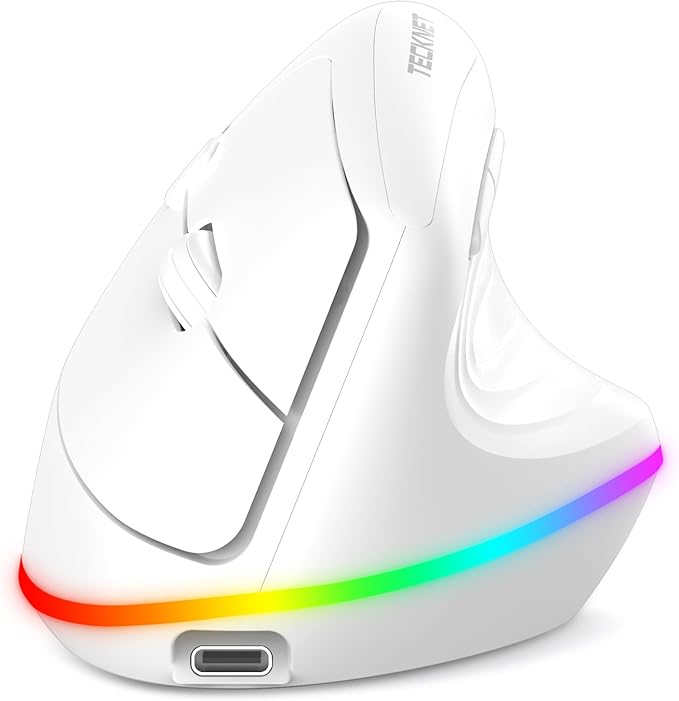 TECKNET RGB Wireless Ergonomic Mouse Rechargeable - USB+Bluetooth Multi-Device LED Vertical Mouse with 11 RGB Backlight Modes, 4800 DPI Adjustable, Ergo Mice for Windows and Mac, White