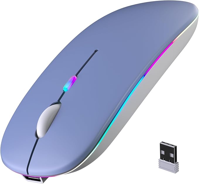 Wireless Bluetooth Mouse, Rechargeable, LED, Silent, Ultra-thin Design (Bluetooth 5.2 and 2.4GHz USB Receiver) | Portable Computer Mouse for Laptops, iPads, MacBooks and Apple Devices (purple)
