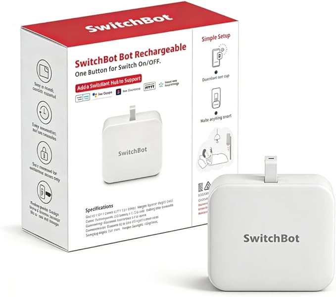 SwitchBot Rechargeable Smart Switch Button Pusher (Bluetooth) – Fingerbot for Rocker/One-Way Buttons, App Timer Control, No Wiring, Optional Hub for Voice/Remote, White