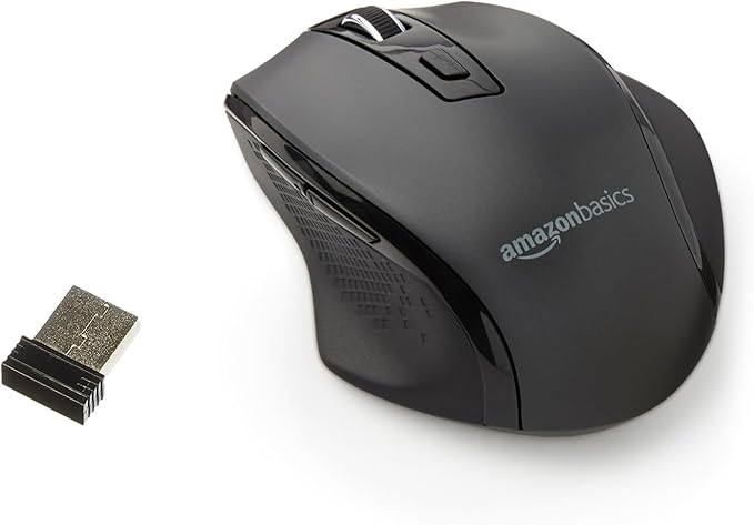 Amazon Basics Portable Wireless Computer Mouse, Ergonomic, 2.4 GHz Optical, DPI Adjustable, Easy to Use, Compatible With PC, Mac, Laptop, Black