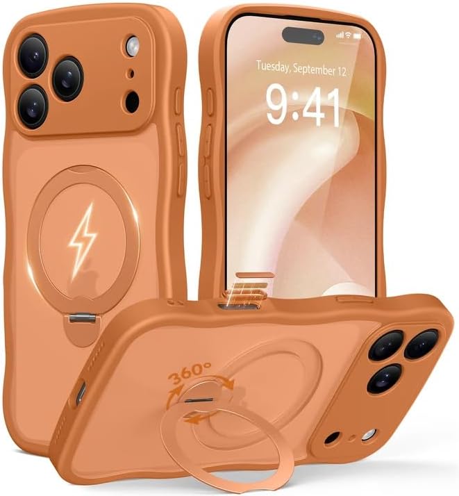 for iPhone 17 Pro Max Case for Women,[Compatible with Magsafe][360° Spin Magnetic Stand][Cute Wave Edge][Military-Grade Protection]Translucent Matte Phone Case for iPhone 17 Pro Max,Cosmic Orange