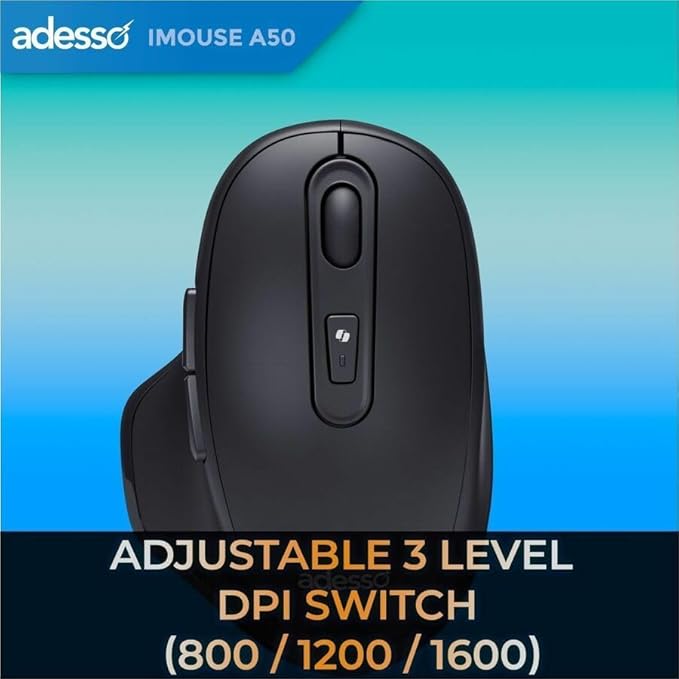 Adesso iMouse A50 Ergonomic Wireless Mouse, Bluetooth and 2.4GHz Dual Mode with USB-C Receiver, Copilot AI Hotkey, 3 Level DPI (1000/1600/2400), 6 Buttons, Right Hand Design for Windows