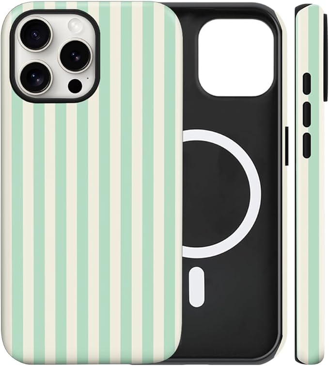 Magnetic for iPhone 16 Pro Max Case Cute Stripes Phone Case, Shockproof Slim TPU and Hard PC Protective Phone Cover Compatible with MagSafe Designed for Women Girls, Light Green