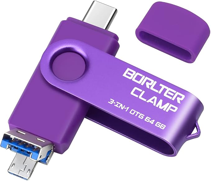 64GB 3 in 1 USB 3.0 Flash Drive Photo Stick for Android Phones, BorlterClamp OTG Memory Stick with 3 USB Ports (USB C, microUSB, USB A) for Samsung Galaxy, LG, Tablets, PC and More, Purple