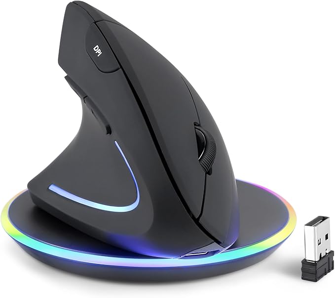 Perixx PERIMICE-713LRX - Left Handed Cordless Rechargeable Vertical Mouse - Duo Wired and Wireless Charging Feature - Included Wireless Charger - Left Handed