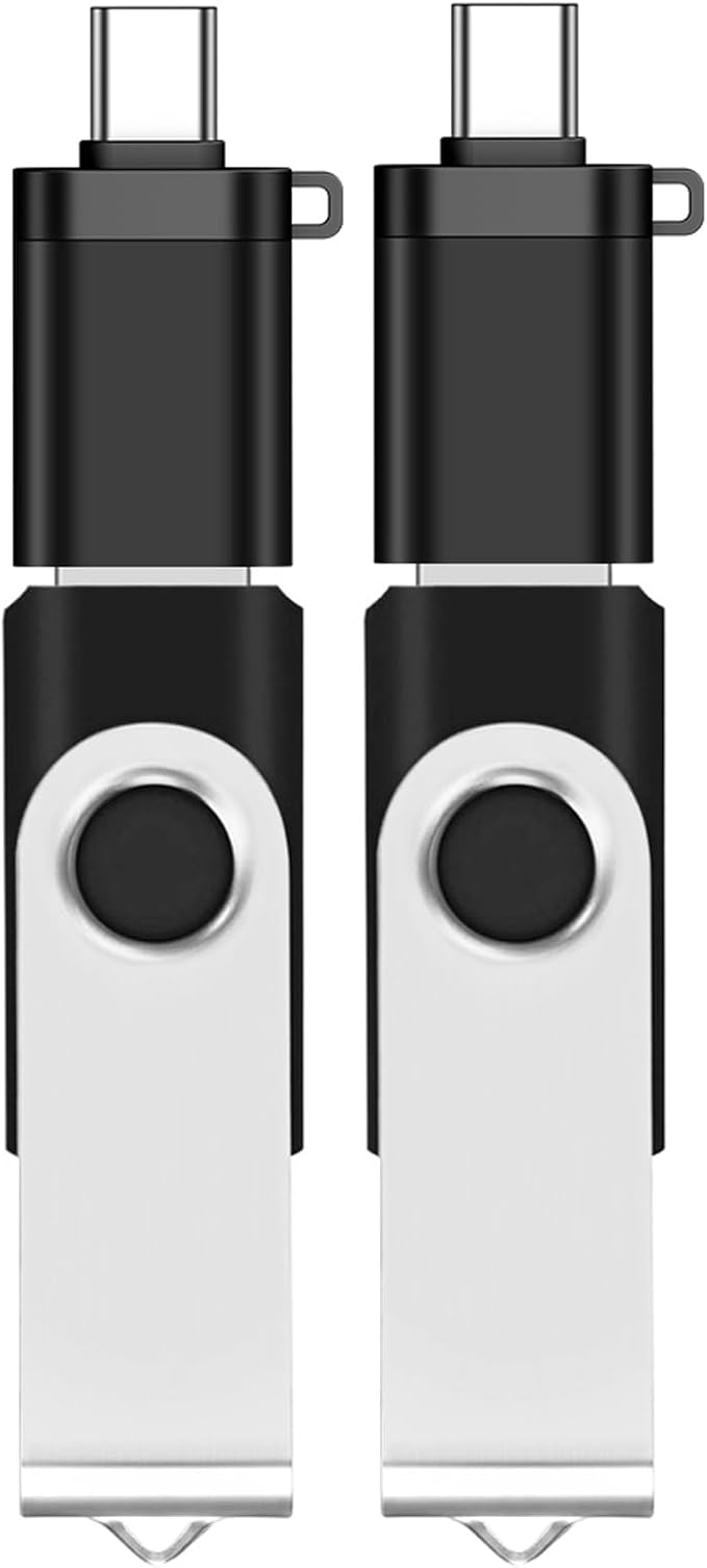 EASTBULL 2 Pack of 4GB USB 2.0 Flash Drives with 2 Type-C Adapters and Keychains, High Speed 4GB Thumb Drives 360 Rotatable Swivel (2Pcs Black)