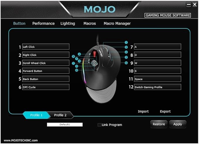 MOJO Silent Vertical Gaming Mouse - Ergonomic Mouse for PC Gaming w/ 4 Directional Joystick Buttons, Adjustable DPI (1000-10000), Custom Software, Macros, and More