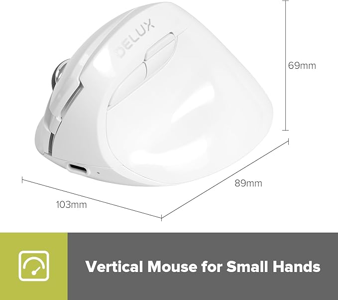 DELUX Wireless Ergonomic Mouse, Vertical Mouse for Small Hands, Silent Click Ergo Mouse, Up to 4000 DPI, 6 Buttons, Rechargeable, 2.4G/BT 5.2 Dual-Mode, Compatible with Laptop/PC (M618MINI-White)