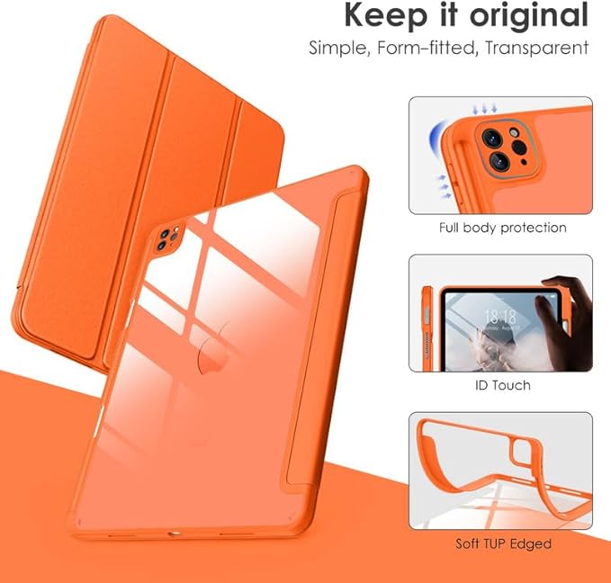 VIKESI for iPad Pro 11 Inch 4th/3rd/2nd/1st Generation Case, iPad Air 11-inch / 5th / 4th Generation Case with Clear Back,Pencil Holder,Auto Sleep/Wake,Camera Protection,Orange