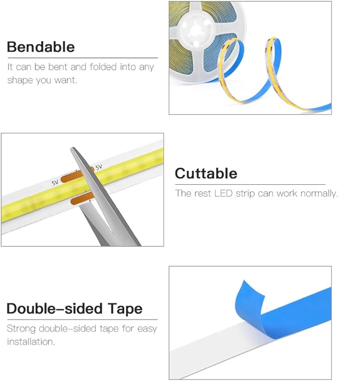 ZSLAIFU A 5V USB LED Light Strip, COB LED Strip Lights, White 5V LED Lights, Small LED Strip Light, TV Lights for TV Under Cabinet Kitchen Living Room Shelving or Displays (White, 6.56ft)