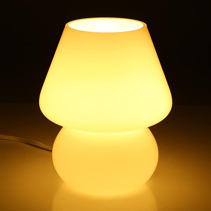 BSOD Mushroom lamp,Glass Mushroom Bedside Table Lamp Translucent Murano Vintage Style Striped Small Nightstand Desklamp Swirl Light for Home Decor, Dining, Living, Bedroom, Gift (Matte White)