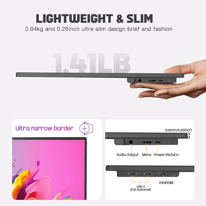 14 inch 4K Ultra-Slim Portable Monitor 3840x2160 UHD Wide Screen USB-C HDMI VESA HDR IPS External Display Plug&Play for Laptop PC Phone (14inch 4K No Touch)