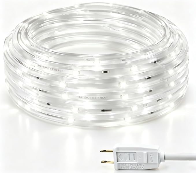 LED Rope Lights, 16.4 Feet Daylight Flat Flexible Strip Light, Plug in Novelty Lighting, Connectable and Waterproof for Home Christmas Holiday Garden Patio Party Decoration