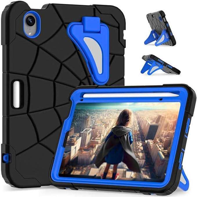 AKABEILA Compatible with Apple iPad mini 6 2021/iPad mini 7 2024 Tablet Case，Lightweight Shockproof Rugged Protective Cover with Kickstand for Kids Children Boys Babies Black Blue