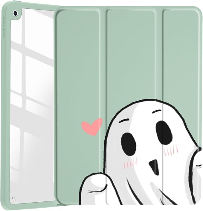JOYLAND Cute Funny Ghost Pattern Case for 10.5" iPad Pro(2017)/iPad Air 3, Clear Acrylic Hard Back Case with Pencil Holder Trifold Stand Tablet Cover (Model Number:A1701 A1709 A1852)