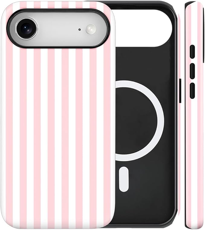 Magnetic for iPhone 17 Air Case Cute Stripes Phone Case, Shockproof Slim TPU and Hard PC Protective Phone Cover Compatible with MagSafe Designed for Women Girls, Pink and White