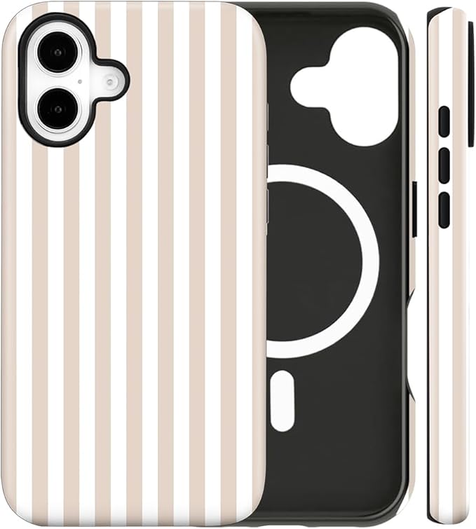 Magnetic for iPhone 17 Case Cute Stripes Phone Case, Shockproof Slim TPU and Hard PC Protective Phone Cover Compatible with MagSafe Designed for Women Girls, Apricot