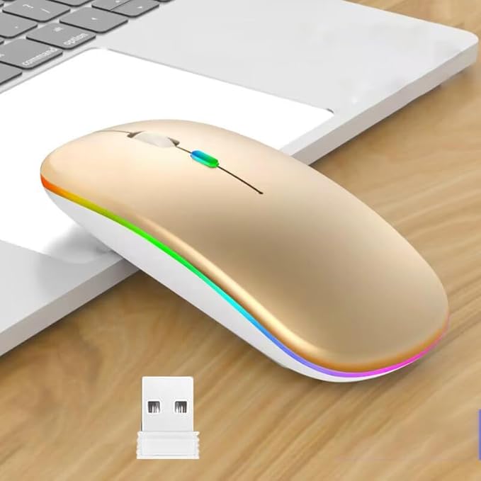 Guiheng Wireless Bluetooth Mouse,LED Dual Mode Rechargeable Silent Slim Laptop Mouse,Portable(BT5.2+USB Receiver) Dual Mode Computer Mice,for Laptop,Desktop Computer,ipad Tablet,Phone,TV (Gold)