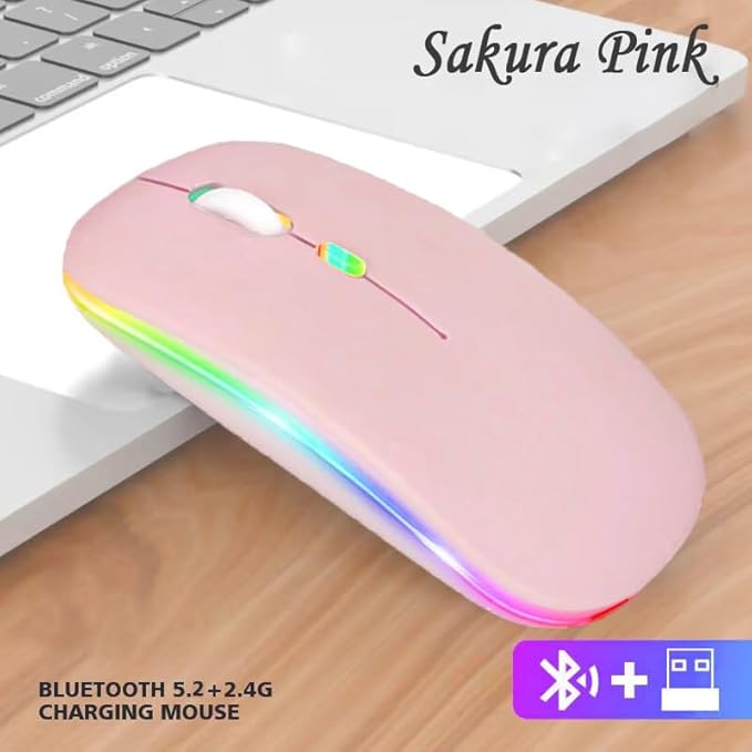 Guiheng Wireless Bluetooth Mouse,LED Dual Mode Rechargeable Silent Slim Laptop Mouse,Portable(BT5.2+USB Receiver) Dual Mode Computer Mice,for Laptop,Desktop Computer,ipad Tablet,Phone,TV (Pink)
