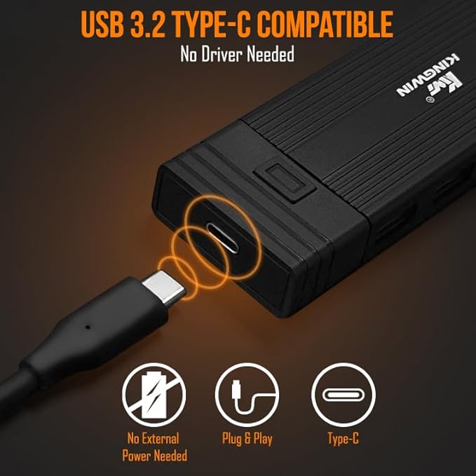 Kingwin M.2 NVMe SSD Enclosure USB-C 3.2 Gen 2 with Card Reader & USB Hub – 10Gbps External SSD Adapter for M-Key/B+M Key NVMe Drives