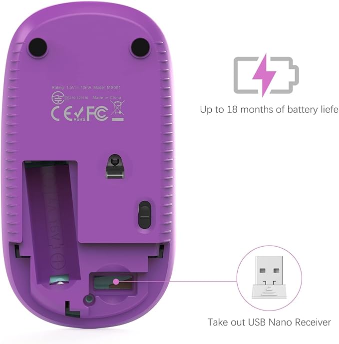 Unipows Wireless Mouse - 2.4G Slim Portable Computer Mouse with Nano Receiver, Less Noise Mobile Optical Mice for Notebook, PC, Laptop, Computer, Mac (Gradient Purple)