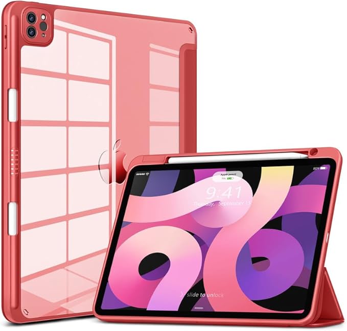 VIKESI for iPad Pro 11 Inch 4th/3rd/2nd/1st Generation Case, iPad Air 11-inch / 5th / 4th Generation Case with Clear Back,Pencil Holder,Auto Sleep/Wake,Camera Protection,Red
